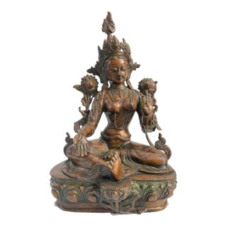 Large Bronze Sitting Green Tara Tibetan Buddha For Sale