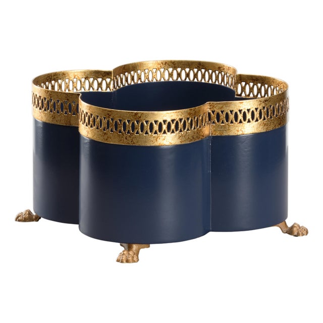 Tracery Quatrefoil Cachepot/Planter - Navy Blue, Small For Sale