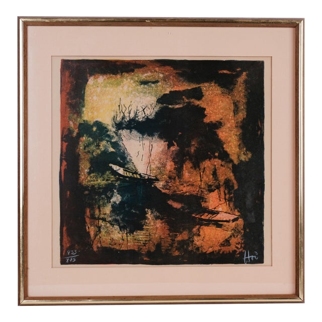Hoi Lebadang "Boats Along the River" Hand Signed & Numbered Limited Edition 235/275 Framed Print For Sale