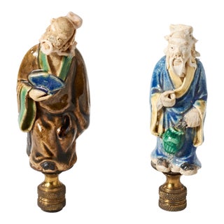 Early 20th Century Ceramic Chinese Wise Man Lamp Finials - a Pair For Sale