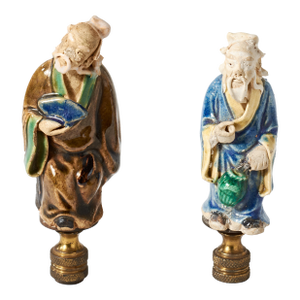 Early 20th Century Ceramic Chinese Wise Man Lamp Finials - a Pair