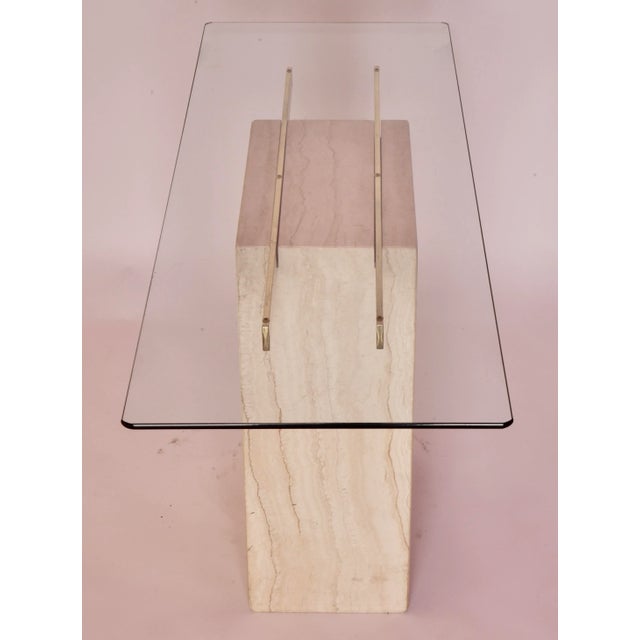 1980s Italian Travertine Glass and Brass Console Table For Sale - Image 9 of 13