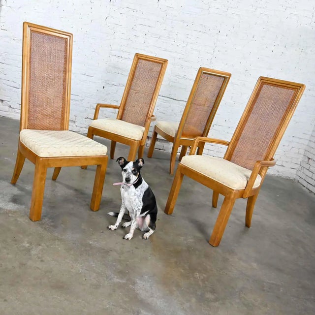 1970s Late 20th Century Modern Campaign Style Dining Chairs Light Wood & Cane by American of Martinsville, Set of 4 For Sale - Image 5 of 16