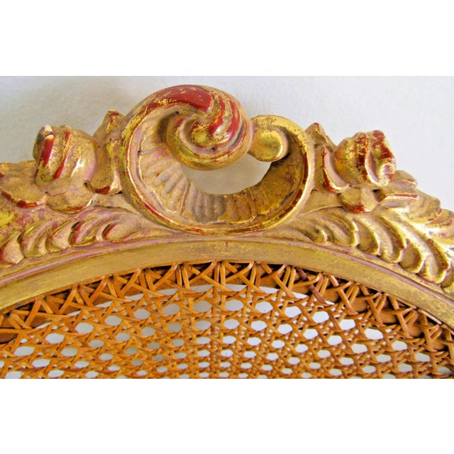 1940s French Louis XVI Style Fauteuil Chair Giltwood Frame Cane Oval Back Blue Fabric For Sale - Image 13 of 15