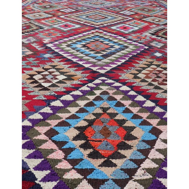 Hand Woven Vintage Qashqai Persian Kilim Rug With Bold Geometric Diamonds in Red, Blue, and Multicolor 9'1 X 16' For Sale - Image 9 of 12