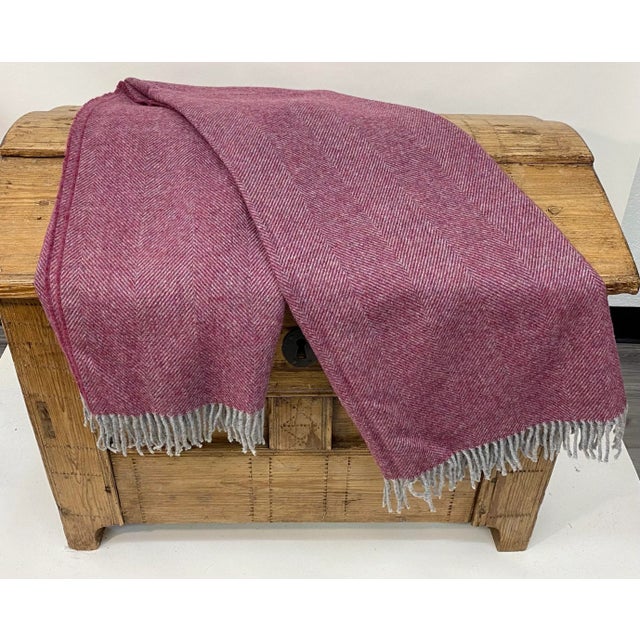 Soft Merino Lambswool Throw in a Rich Boysenberry Purple Chevron / Herringbone Pattern - Made in England For Sale - Image 12 of 13