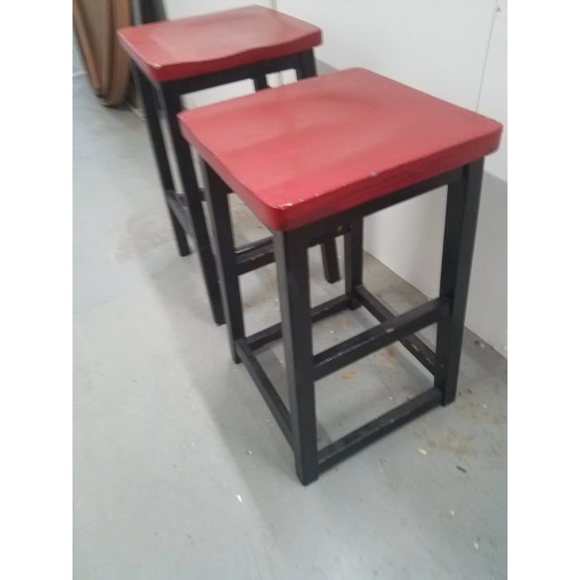 Two Vintage English Wooden Stools With Red Tops For Sale - Image 4 of 13