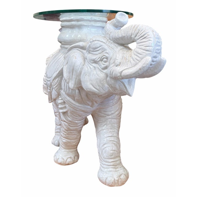 Vintage White Majolica Pottery Glass Top Elephant Side Table.
