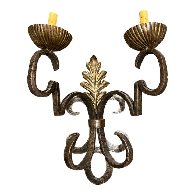 1900s Two-Arm French Wall Sconces With Gold-Leafed Bobeches - Pair For Sale