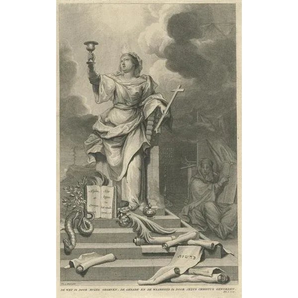 Antique print titled 'The law was given by Moses, grace and truth came through Jesus Christ.' The law is given by Moses,...