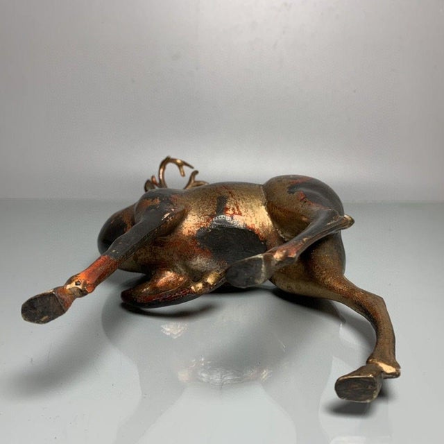 Vintage Gilt Bronze Deer Figure With Cinnabar Red Accents – "Path to Wealth" Sculpture For Sale - Image 9 of 9