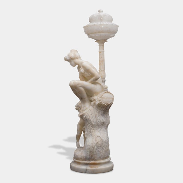 Pair of Monumental Antique Italian Carved Alabaster Venus & Cupid Figural Torchiere Lamps on Black Marble Pedestals For Sale - Image 9 of 12