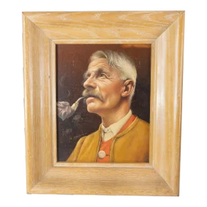Austrian Mid-Century Signed Realist Portrait Painting of a Man Smoking