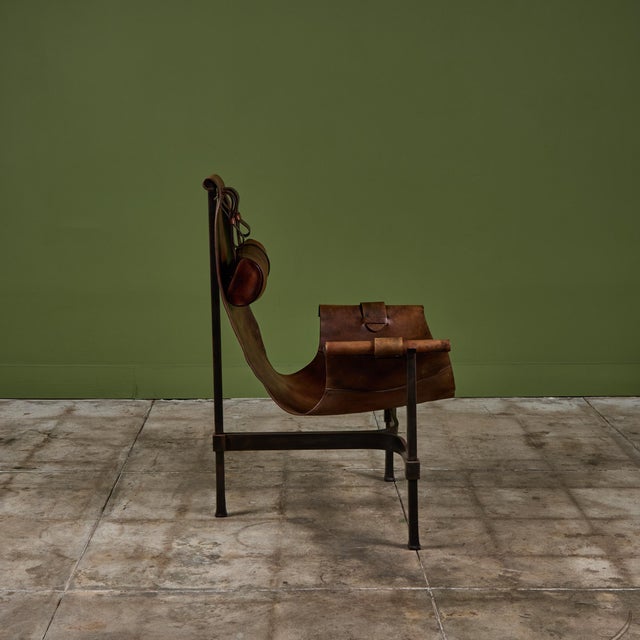 Patinated Jean-Paul Rykaert Leather Sling Chair For Sale In Los Angeles - Image 6 of 18