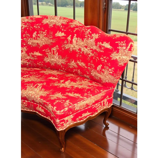 Vintage French Heritage Red Toile Louis XV Curved Loveseat Sofa For Sale - Image 4 of 13