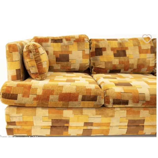 Jack Lenor Larsen 1970s Attributed to Jack Lenor Larson for Milo Baughman MCM Sofa - Orange Rust Cotton Velvet Patchwork For Sale - Image 4 of 6