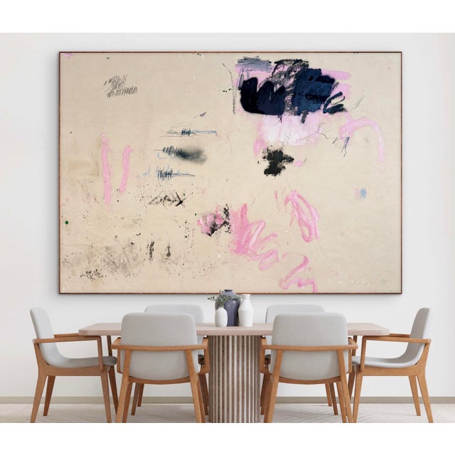 Abstract Contemporary Abstract Acrylics, Oil, Spray Paint on Vintage Linen "All the Rooms We Left Unfinished" by Manuela Karin Knaut For Sale - Image 3 of 11