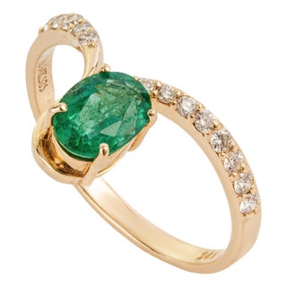 Handmade 14k Yellow Gold Natural Oval Emerald Diamond Bypass Ring Size 6 For Sale