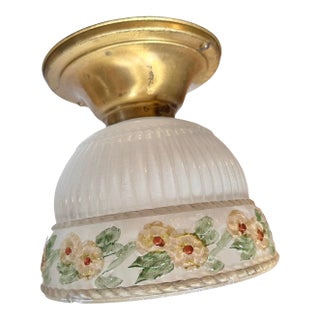 Frosted Fluted and Roping Pattern With Botanical Motif on Old Brass Holder, Circa 1920 For Sale