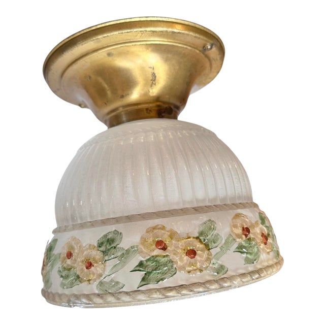 Frosted Fluted and Roping Pattern With Botanical Motif on Old Brass Holder, Circa 1920 For Sale