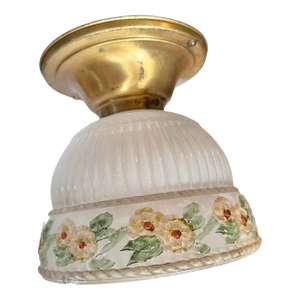 Frosted Fluted and Roping Pattern With Botanical Motif on Old Brass Holder, Circa 1920