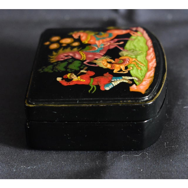 Vintage Russian Palekh Lacquer Box Humpbacked Horse Signed Hand Painted Art For Sale - Image 12 of 16