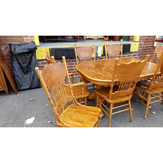1990s Oak Trestle Kitchen Table W 2 Leaves 8 Press Back Dining