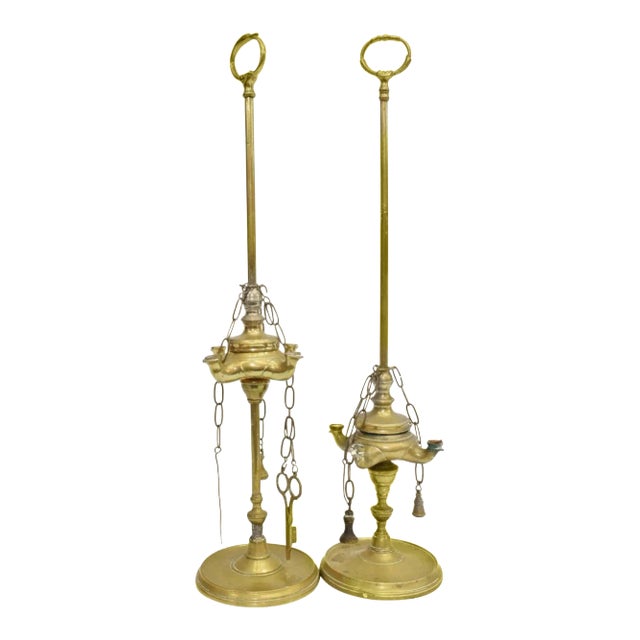 19th Century Italian Brass Lucerna Oil Lamps - a Pair For Sale
