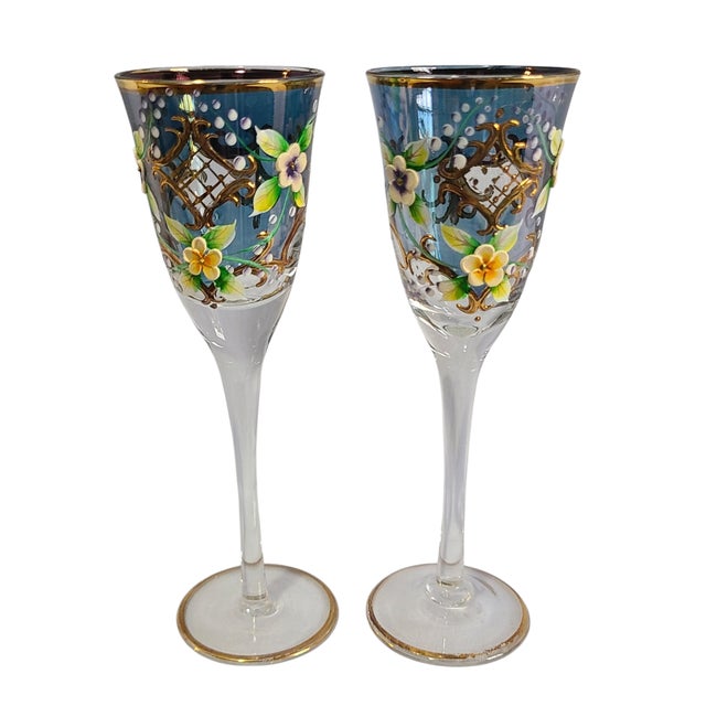 Glass Vintage Pair of Venetian Bohemian Art Glass Hand Painted Enamel Apéritif Glasses For Sale - Image 7 of 7