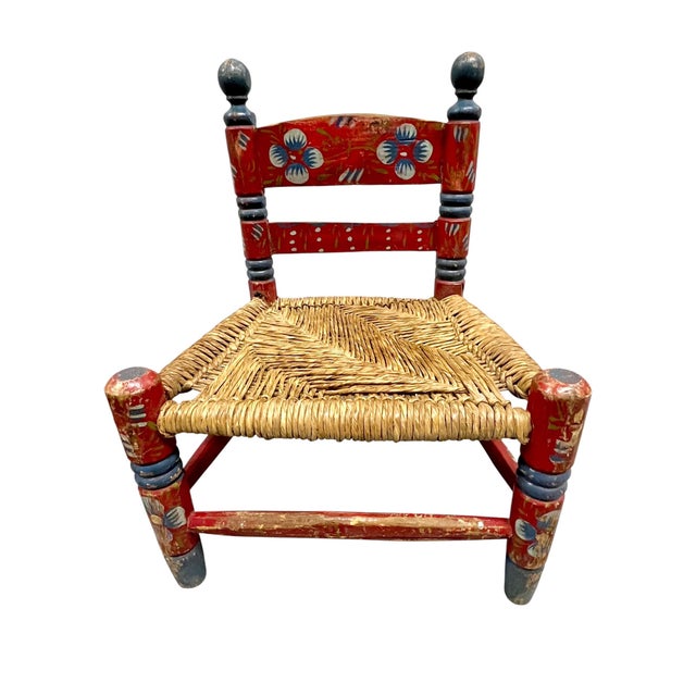 Mexican Vintage Set of 2 Hand-Painted Rancho Monterey Mexican Folk Art Children’s Ladderback Chairs With Rush Seats For Sale - Image 3 of 14