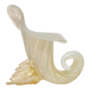 Seguso Murano Vintage 1950s Gold Flecks Opalescent White Italian Art Glass Cornucopia Sculptural Vase