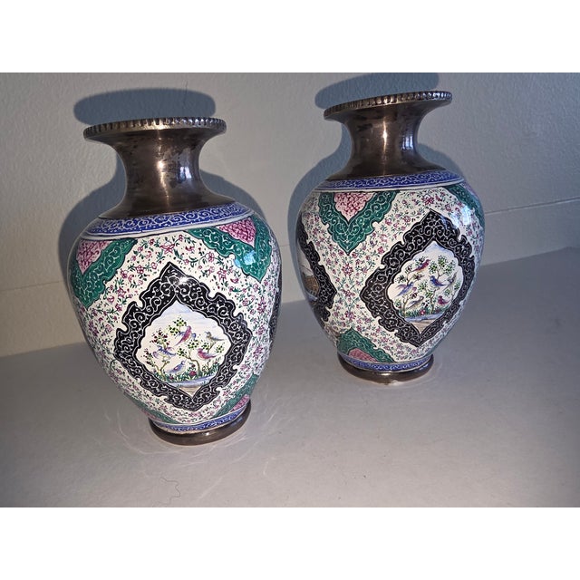 White Pair of Persian SilvervAnd Enamel Vases For Sale - Image 8 of 10