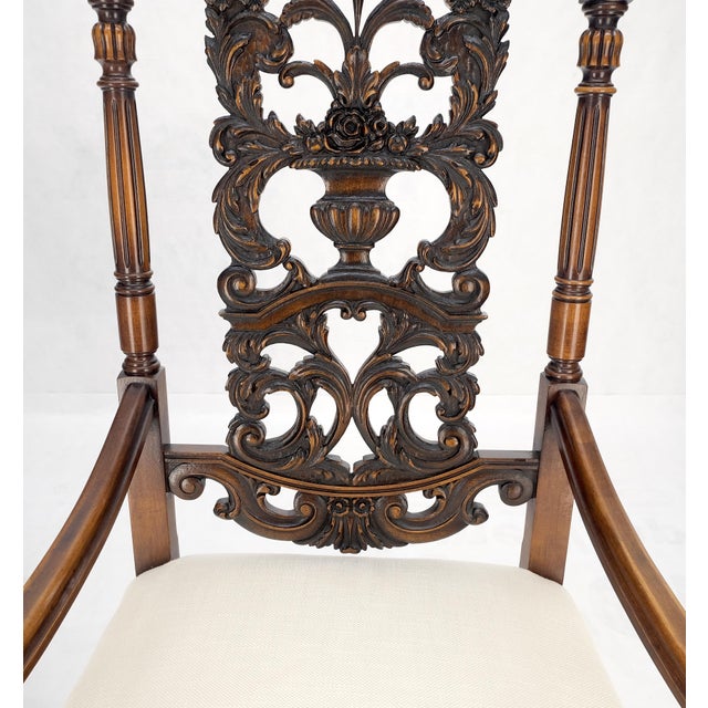 Pair of Carved Walnut Tall Backs New Upholstery Fireside Arm Side Chairs MINT! For Sale - Image 12 of 13
