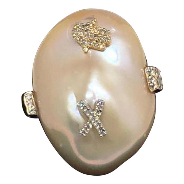 Diamond Freshwater Pearl Ring 14Karat Gold Baroque Women 33.45 mm Certified For Sale