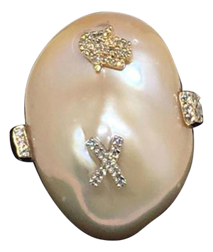 Diamond Freshwater Pearl Ring 14Karat Gold Baroque Women 33.45 mm Certified