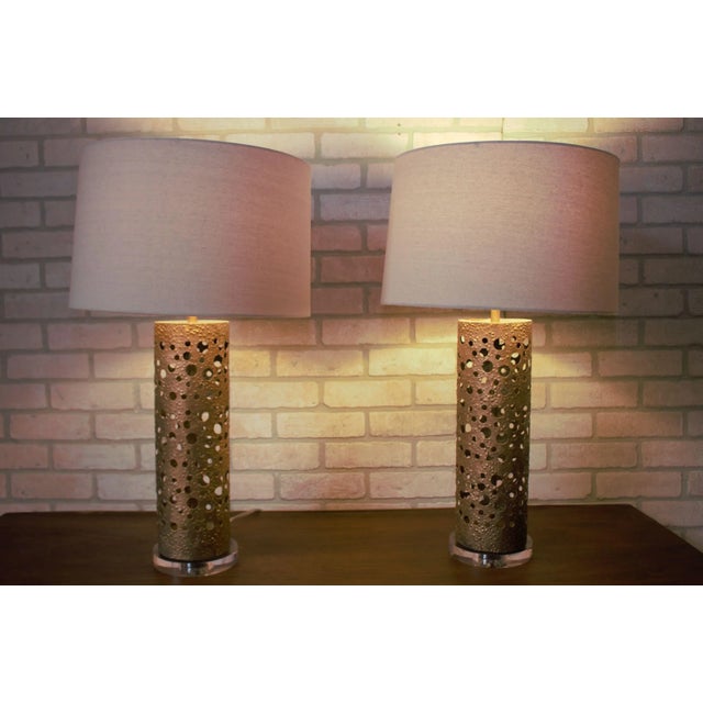 Brutalist Shasta Brass and Lucite Table Lamps with Shades - Pair A beautiful and modern Brutalist table lamps with lucite...