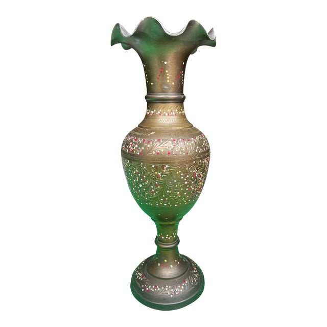 1970s Large Brass Hand Painted Design Vase For Sale