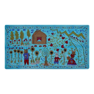 Blue Uzbek Suzani Wall Hanging – Folk Animal Scene Embroidered Textile Art 3'4'' X 6'2'' For Sale