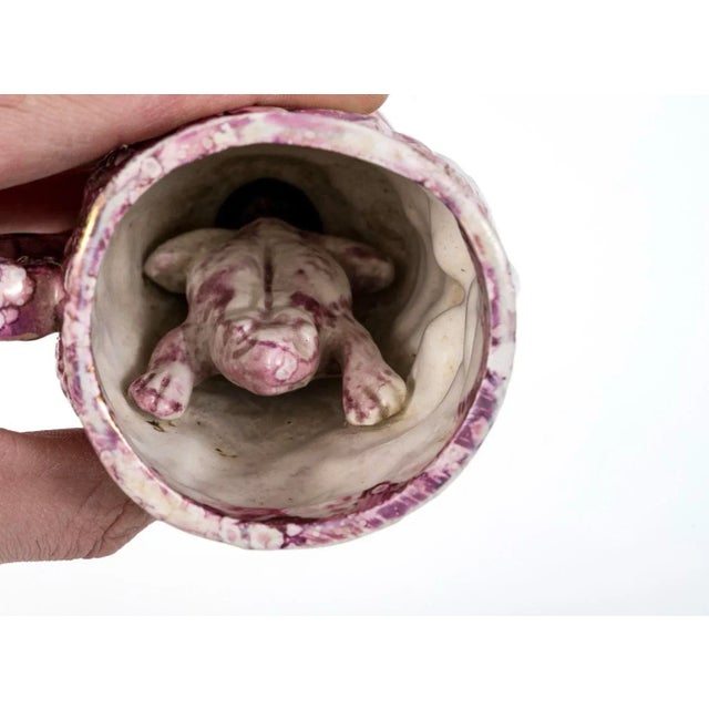 Victorian Antique 19th Century English Staffordshire Pink Luster Satyr Head Mug With Frog Inside For Sale - Image 3 of 12