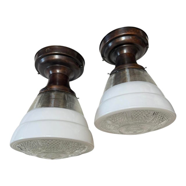 Mid 20th Century Pair of Large Art Deco Painted Glass Ceiling Fixtures For Sale