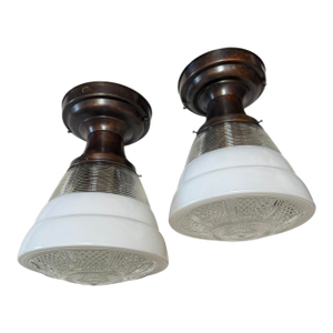 Mid 20th Century Pair of Large Art Deco Painted Glass Ceiling Fixtures