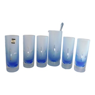 1970s Blue Cut to Clear Bar Ware Set With Serving Pitcher and Glasses with Stir Stick- 7 Pieces For Sale