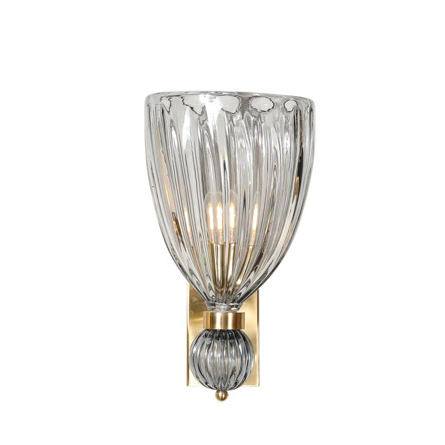 Modern Modernist Orbital Drop Hand-Blown Murano Fluted Smoked Blue Gray Glass Sconces For Sale - Image 3 of 13
