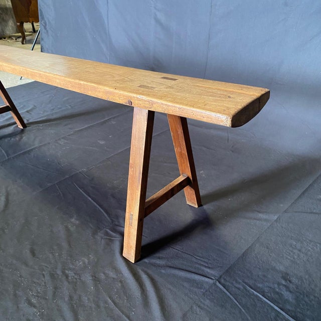 Antique French Provincial Farmhouse Walnut Trestle Base Benches -a Pair For Sale In Portland, ME - Image 6 of 11