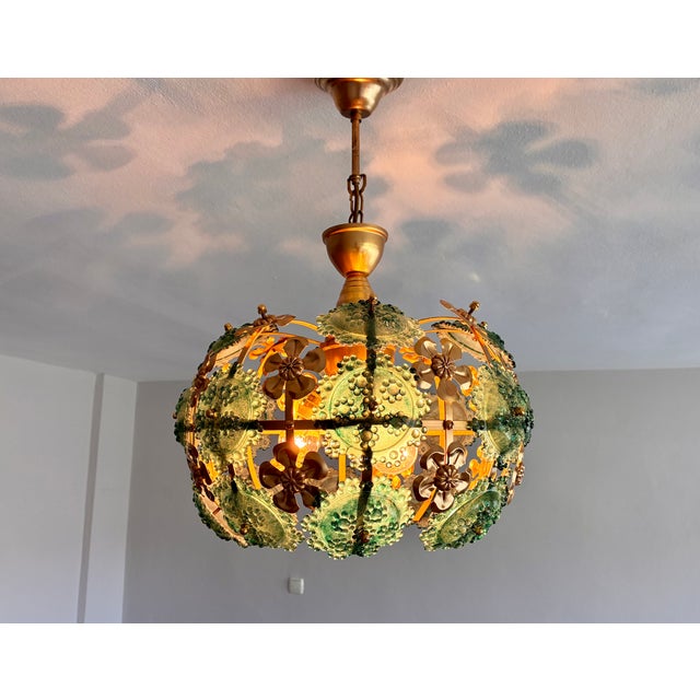 1970s Mid-Century Modern Style Teal Turquoise Hand-Painted Glass and Gold Floral Chandelier⁠ For Sale - Image 4 of 17