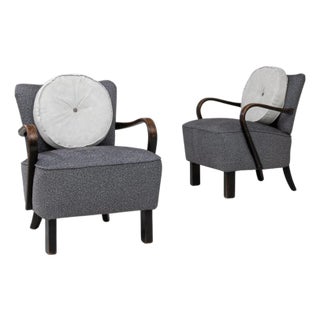 1940s Czech Art Deco Upholstered Armchairs With Round Pillows - A Pair For Sale