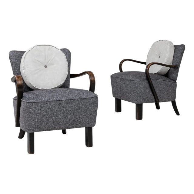 1940s Czech Art Deco Upholstered Armchairs With Round Pillows - A Pair For Sale
