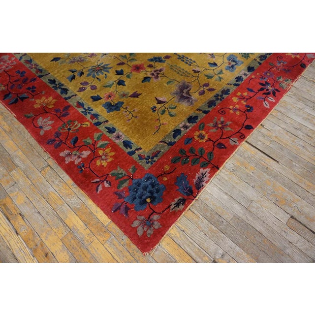 1920s Saffron Yellow Floral Antique Chinese Art Deco Rug 8' 9" X11' 2" Knotted Wool Carpet For Sale In New York - Image 6 of 9