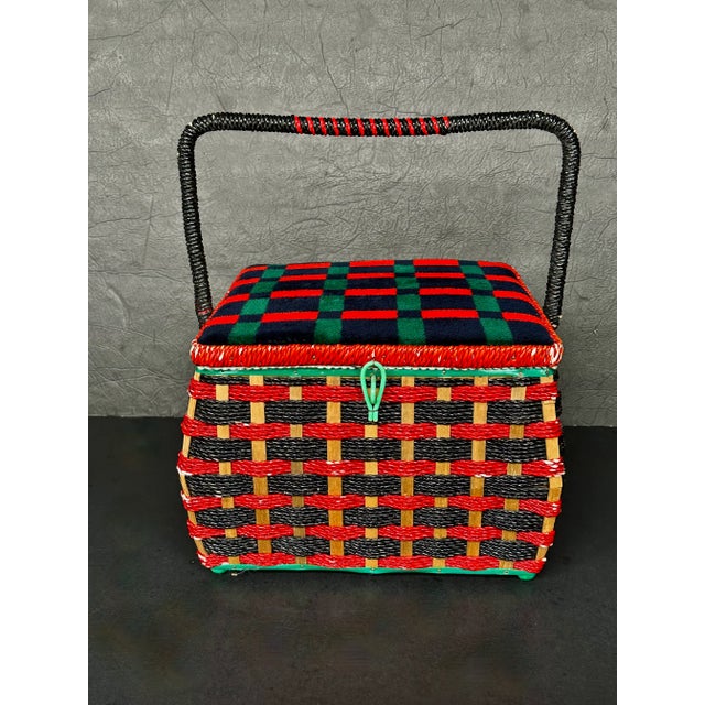Painted to match its red and green plaid velvet top, this rattan sewing basket is a charming vintage craft organizer. Use...