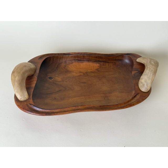 Spanish Olive Wood Centerpiece Bowl with Cow Horn Handles, 1960s For Sale - Image 6 of 15